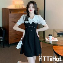 TTiiHot 여름 스커트 빅 칼라 쉬폰 이음 A라인 슬림핏 반팔 원피스