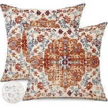 Gujiahone 야외 방수 베개 커버 40.6 x 40.6cm(16 16인치) 보헤미안 빈티지 카펫 패턴 2개 세트 골드 블루 에스닉 디자인 장식 농가 소파 정원 발코니용 443