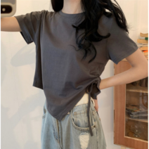여성용 무지 쭈리 언발 리본 쪼임 기본 루즈핏 크롭 티셔츠