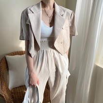 [레티고] 시크 넥 싱글 버튼 루즈 크롭 린넨 자켓