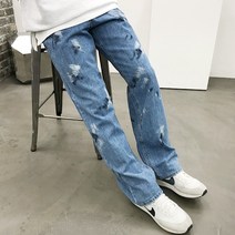 용된다 남자 빈티지 페인팅 롱 와이드 데님팬츠