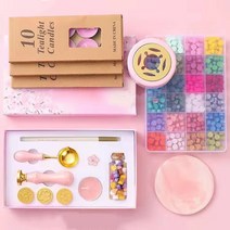 실링왁스세트 스탬프 왁스씰 청첩장 엽서 밀랍 인장 봉인도장, 핑크9p+난로+24색비즈+30양초+받침