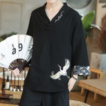 중국 스타일 봄과 여름 자수 캐주얼 Hanfu 차 서비스 반팔 셔츠 중국어 크로스 칼라 당나라 정장 티셔츠 7부 소매 탑