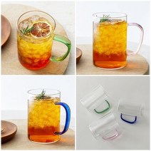 컬러손잡이 내열 유리잔 에이드 아이스커피 카페 머그컵 420ml 3color, 블루