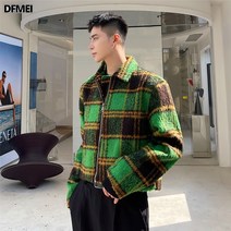 DFMEI 캐주얼 모직 체크 숏 재킷 남 복고풍 터틀넥