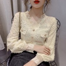 봄 새로운 사교계 기질 술 칼라 레이스 셔츠 여성용 긴팔 외국 스타일