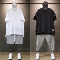 오버홀릭 남자 오버핏 레이어드 롱 트임 반팔 티셔츠 남성 무지 면 여름 커플 시밀러룩