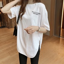 뷰티플라워 여성 오버핏 롱 반팔티