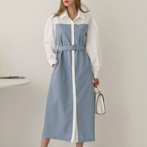 시크루즈 스튼 배색 퍼프 벨트set 셔츠 원피스_BDOE898
