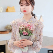 가바바 여성 블라우스 쉬폰 화이트핑크 블러썸패턴 레이스 러블리 블라우스 G59124