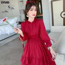 DFMEI 여성 쉬폰 긴팔 원피스 가을 조임 기질 플레어 스커트
