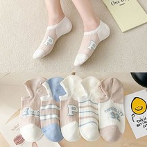 워더미 여름 베이지 영문 일러스트 펀칭 통풍 5P 여자 덧신 W768
