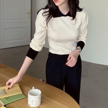 코지 여자 세련된 양단추 디테일 배색 카라 긴팔 니트