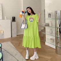 반팔 원피스 큰언니빅사이즈 오버사이즈 배색 접합 프릴 캐쥬얼 롱원피스 다소미얼 0614SC018