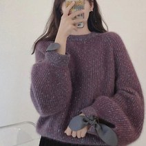 벌룬 소매 리본 보카시 니트