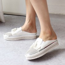 스티치 빛나는 은색큐빅 소가죽 블로퍼 태슬 슬립온 뮬 슬리퍼