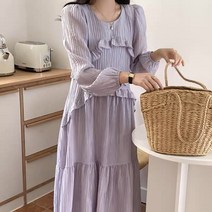 봄 프렌치 라운드 루즈핏 벌룬 소매 원피스 롱 스커트