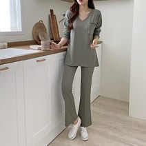 모닝 포켓 브이넥 티셔츠 핀탁 부츠컷팬츠 트레이닝세트