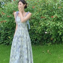 Makone드레스 반팔 드레스 짧은 드레스 긴 드레스리본 플라워 원피스 여자 여름 프랑스식 소중 유화풍 초선삼계 첫사랑녀