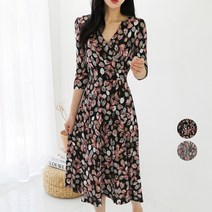 프롬코 자체제작 여성 브이넥 랩스타일 스판 롱 원피스 66 77 88