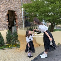 엄마 딸 커플 모녀 패밀리룩 복 블랙 앤 화이트 플라워 향풍 2종 세트 퍼프소매 셔츠 스커트