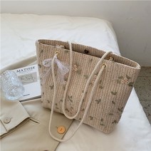리본 데일리 여성 숄더백 왕골 바스켓 토트백 라탄백 라탄 가방, 흰색