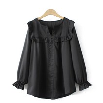 빅사이즈 셔츠 4XL 플러스 사이즈 블라우스 여성 봄 프릴 3 버튼 v 넥 플레어 슬리브 솔리드 컬러 탑스 오버 커브 의류 v넥
