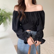 스퀘어넥 오프숄더 백리스 리본 보세 셔츠 크롭 숏 블라우스 긴팔 루즈핏 흰색 블루 SY