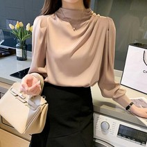 빅사이즈 블라우스 이쁜옷 여성 상의 큰옷 우아한 긴팔 새틴 시폰 셔츠 여성용 주름 봄 가을품