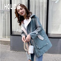 HOLIDIS 미디 여성 봄/가을 빅사이즈 캐주얼 트렌치 학생 루즈핏 코트 배색 상의