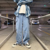 NEW 힙한 레트로 스트리트 럭셔리 데님 팬츠 청 와이드 레그 카고 진 루스 스트레이트 헐렁한 청 힙합 스케이트보드 뉴트럴 청바지