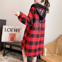 꽃샘추위 밍크 안감 양털 후드 빨간 검정 체크 롱 겨울 캐쥬얼 아우터