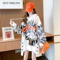 JUST FEEL!NG 여성 후드 롱 티셔츠 캐주얼 프린팅 얇은 루즈핏 빅사이즈 언발 특이한 티셔츠 맨투맨 후드티