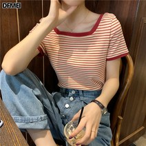 DFMEI 스트라이프 반팔 티셔츠 여자 상의