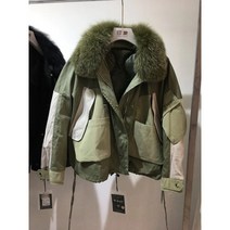 카키 리얼폭스 파라점퍼 여성 루즈핏 박시한 잠바 패딩자켓 항공점퍼 블루종 폭스퍼카라