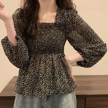 스퀘어넥 블라우스 오프숄더 여성 스타일 러블리 심플 퍼프소매 프릴 프레리 홀리데이