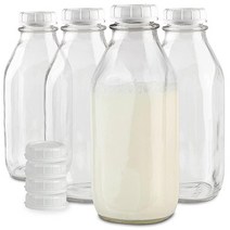 Stock Your Home Liter 뚜껑이 있는 유리 우유 병 (4팩) 946.4ml(32온스) 저그 화이트 캡 8개 냉장고용 재사용 가능한 식품 등급 용기 주스 귀리 또, 2, 32 oz