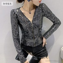 여성 패션 브이넥 집업 카디건 점퍼 블링 톱 긴팔 뉴타임즈 B653X347