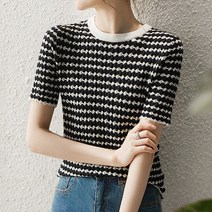 스타일아유 여성 라운드 체크 라운드넥 반팔 얇은 탑 봄 여름 반팔 니트티 데일리 티셔츠 캐주얼