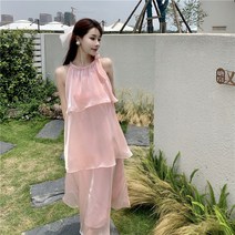 큐유 핑크 쉬폰 나시롱원피스 여름 휴양지 해외여행원피스