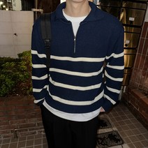 남자니트 스트라이프 단가라 반집업 카라 오버핏 니트(4color)