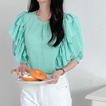 [바보사랑] 여자 라운드넥 프릴 숄더 벌룬 블라우스[옷자락]