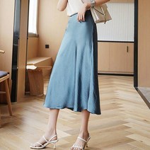 여성 새틴 스커트 아세산 미디 실크 피쉬 테일 백힙 자 웨이스 롱