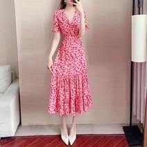 해외여행 플레어 러블리 플로럴 휴가 롱 꽃무늬 원피스 Lucyever 핑크 꽃 여름 드레스 프린팅 시폰 v목 긴 프릴 a 라인 파티