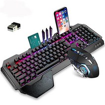 무선 게이밍 키보드 및 마우스 무지개 LED RGB 백라이트 충전식 스틸 패널 기계식 인체 공학적 느낌 방수 방진 7가지 색상 무소음 마우스 노트북 PC 게이머용 블랙)