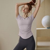 필라테스복 가슴패드달린 요가복여성 여름 옷 복조깅 필라테스전문 헬스 상의 고급감 스커트운동 반팔 T셔츠, C04-보라색