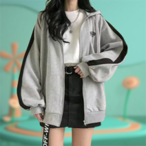 블랙 트렌드 배색라인 오버핏 후드 집업