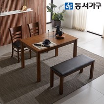 동서가구 W심플 우드 원목 4인용 식탁 테이블 세트 (의자 2EA+벤치 1EA) DF628930, 카카오