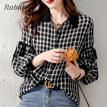 나바바 NB1001 여성 빈티지 체크 리본 카라 블라우스