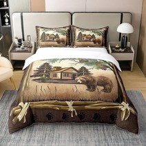 100% 면 캠핑 캠핑카 이불 커버 빌리지 정글 베어 마운틴 통기성 이불 커버 블랙 화이트 미국 국기 배경 이불 커버 3개 베개 커버 2개 포함 풀 사이즈, Wcl1